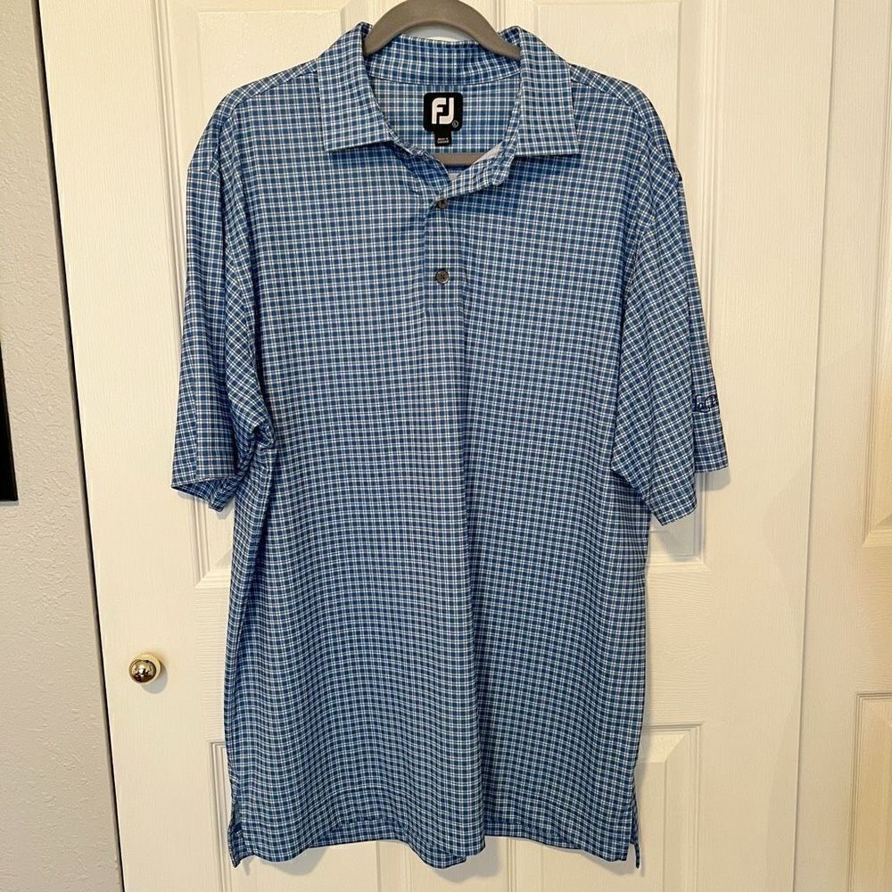FootJoy FJ Men’s Short Sleeve Blue and White Plaid Polo Golf Shirt Size Large